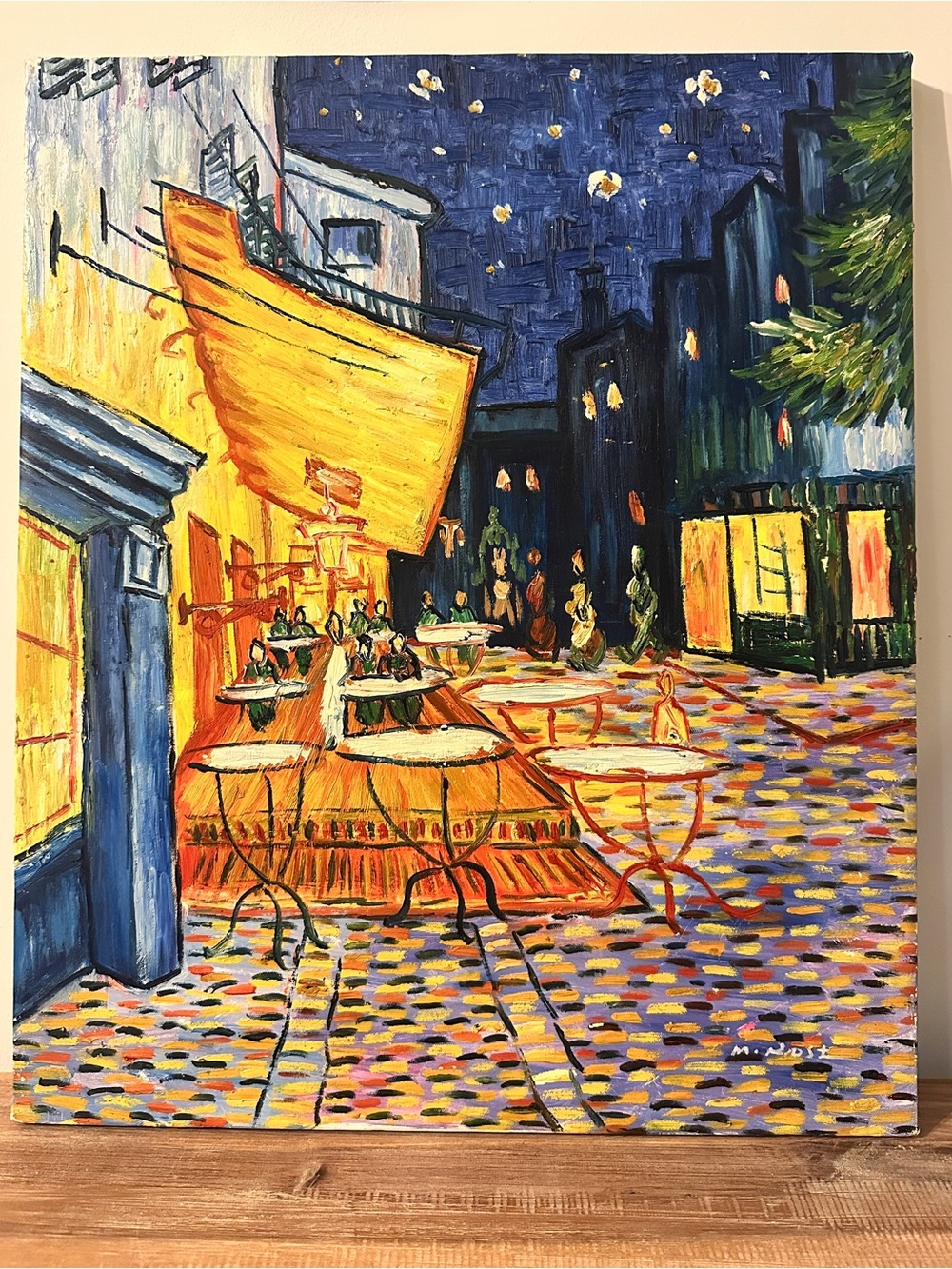 Hand Painted Cafe Terrace at Night Van Gogh Style Textured Canvas 20x24 Signed